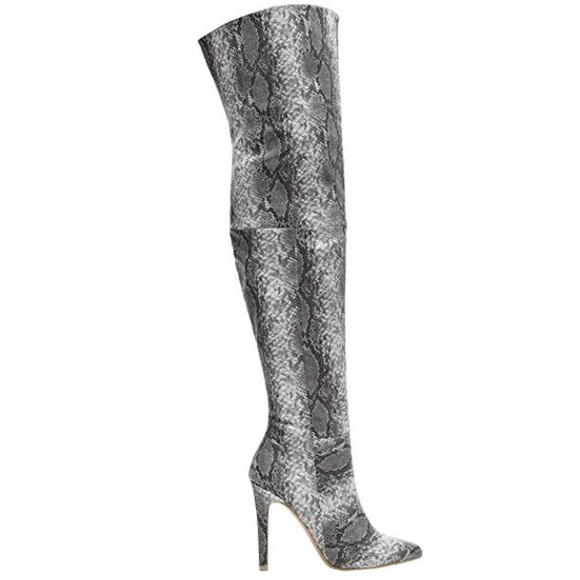 Style Link Miami Shoes - BF🖤Grey Over The Knee Faux Snake Boots